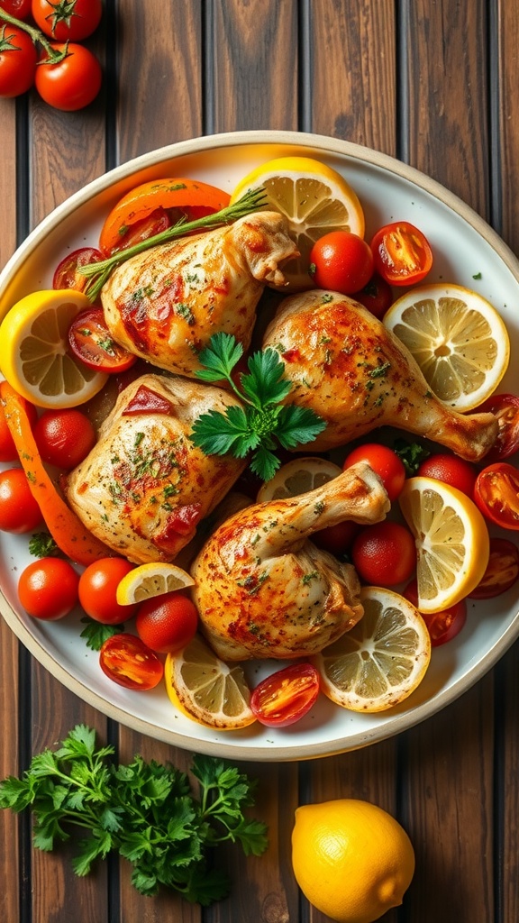 Step-by-Step One-Pan Lemon Herb Chicken Recipe One-pan lemon herb chicken with vegetables on a rustic table, garnished with parsley.